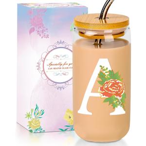SENTVEND Initial Glass Cup with Lid and Straw Color-changing Monogrammed Gifts for Women 16 oz Iced Coffee Drinking Glass Tumbler Personalized Christmas Thanksgiving Birthday Gifts for Women Her Mom