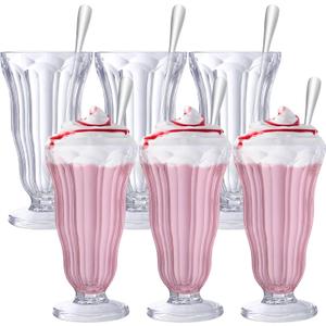 Maxcheck 6 Set Milkshake Glass 17 oz Sundae Glasses with Stainless Steel Spoons Old Fashioned Clear Soda Milkshake Cups Plastic Ice Cream Float Cups for Juice Tropical Drinks Party