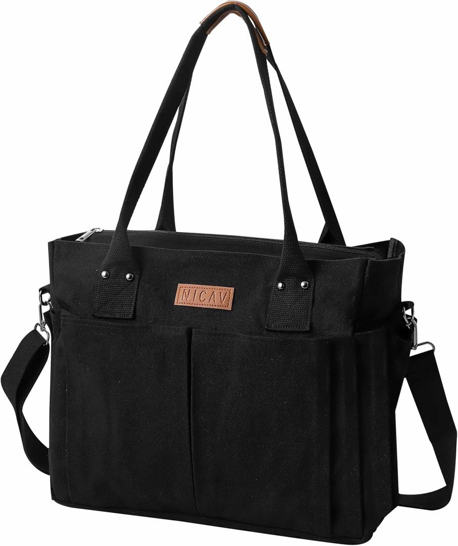 Large Canvas Tote with Zipper and Laptop Compartment, Crossbody Utility Bag for Women, Multi-Pocket Shoulder Bag for College, Work, and Travel, Spacious Everyday Carryall for Laptop and Essentials