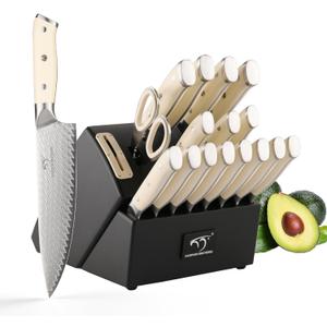 NANFANG BROTHERS Knife Sets Pieces for Kitchen with Block, Damascus Kitchen Knife Set with Block, ABS Ergonomic Handle for Chef Knife Set and Kitchen Shear(Black)