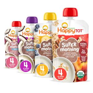 HAPPYTOT Organics Stage 4 Baby Food Pouches, Gluten Free, Super Morning Fruit & Oat Variety Pack Blend 4 Oz (Pack of 16) Best By Jul 15, 2027