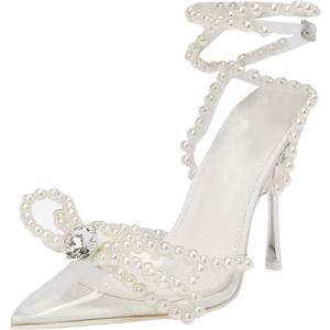 YIYA Women's Pointed Toe Clear Heels Sandals with Strappy Pearls Ankle Strap Sexy Rhinestone Bow Heels Stiletto High Heel Wedding Party Pumps Shoes