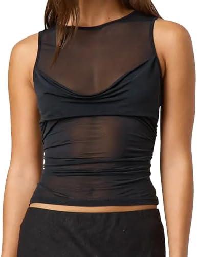 Women Sheer Mesh Tank Top Y2k Sleeveless See Through Ruched Tops, Small
