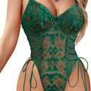 Lilosy Women Sexy Lace Up Floral Embroidered Teddy Lingerie Bodysuit Top Mesh Sheer One Piece (Green, XL)