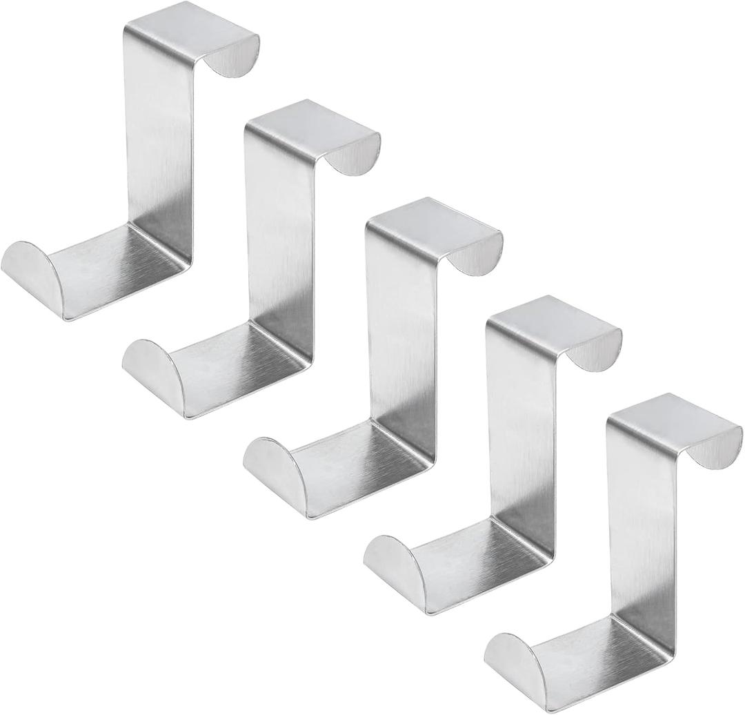 5 Pcs Over The Door Hooks Z-Shaped Hanging Hooks Dual Head Fits 3/4" and 1-1/2" Door Widths, Stainless Steel Reversible Single Hanger Hook for Door, Kitchen, Cabinet, Cupboard, Drawer (Silver)
