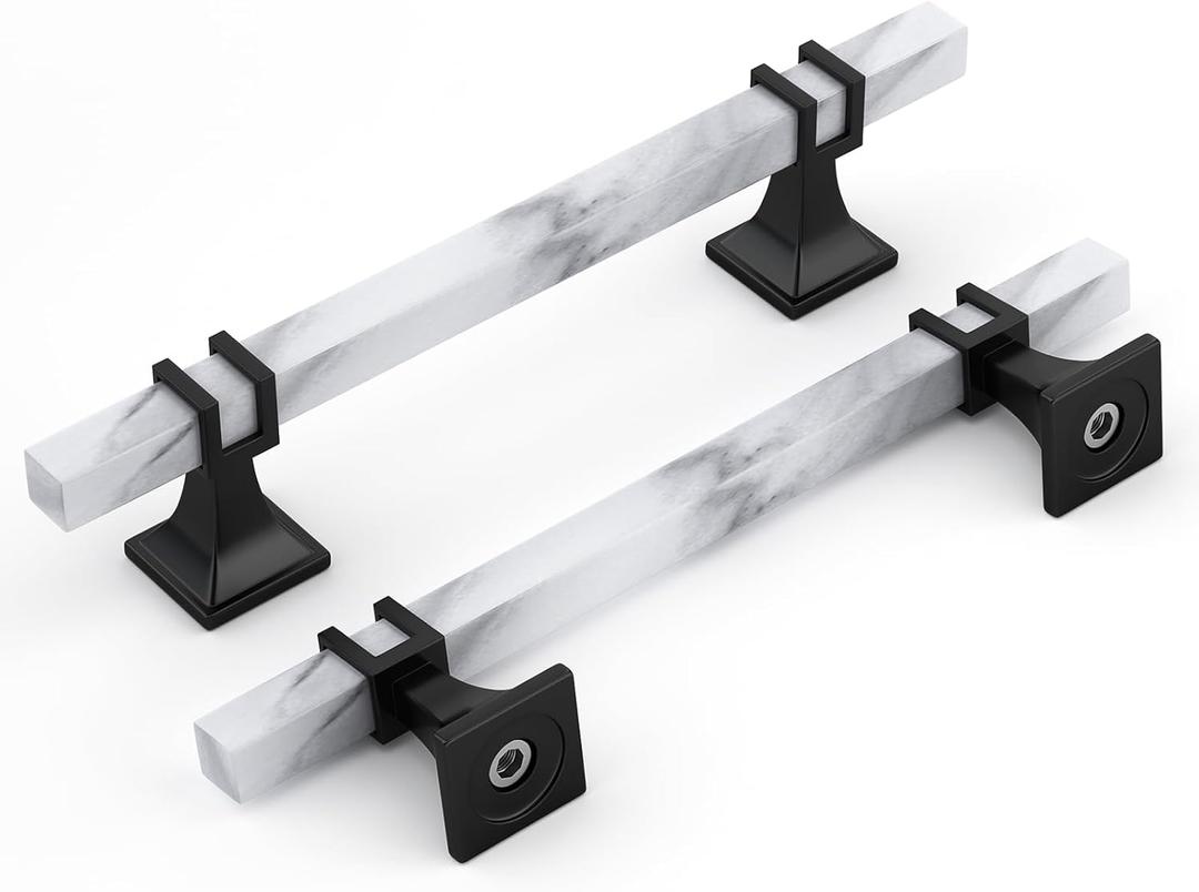 Rergy Cabinet Handles Marble Drawer Pulls and Knobs, 10Pack White Marble & Black 5inch Hole Center, T-Bar Hardware for Kitchen Dresser Zinc Alloy Furniture