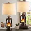 Farmhouse Rustic Table Lamps for Bedroom Set of 1 Vintage Lantern Lamp with Dual USB Charging Ports,25" Retro Antique Bedside Nightstand Desk Lamp for Living Room End Table Entryway, 4 Bulb Included