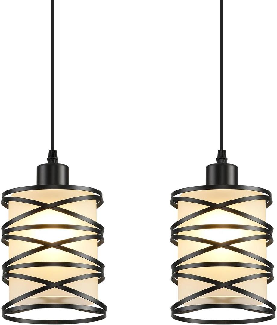 2 Pack Pendant Light Kitchen Island Pendant Lighting, Hanging Light with Spiral Cage Frosted Glass Shade, Black Modern Indoor Hanging Lamp, white frosted glass