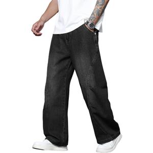 Mens Baggy Jeans Wide Leg Casual Irregular Sutures Denim Pants (Black, XXL)