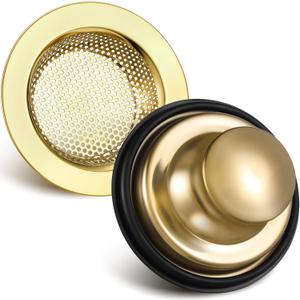 Retisee 2 Pcs Kitchen Sink Drain Strainer Stopper Set Stainless Steel Drain Catcher and Cover Large Wide Rim 4.5 Diameter Sink Basket Garbage Disposal Plug for Standard 3 1/2 Inch(Gold)