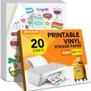 20 PCS Sticker Paper for Inkjet Printer, Printable Vinyl Sticker Paper Dries Quickly Vivid Colors, 8.5"x11" Tear Resistant Printable Vinyl, Glossy White, Inkjet & Laser Printer