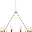 12-Lights Wagon Wheel Chandelier Bohemia Hand Woven Rattan Chandelier Farmhouse Large Pendant Light for High Ceilings Living Room Dining Room, Brass, Dia 42 Inch, UL Listed