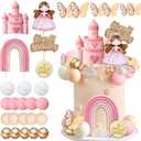 34Pcs Princess Cake Topper Castle Rainbow Cake Decoration with Pink Butterflies Cartoon Castle Pearl Balls for Pink Girl Princess Theme Birthday Baby Shower Party Supplies