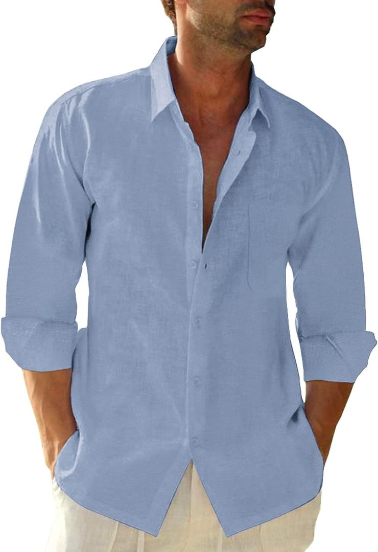 Button Down Linen Shirts for Men Casual Long Sleeve Regular Fit Cotton Beach Shirts with Pocket (X-Large, Blue)