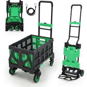2-in-1 Folding Hand Truck with Basket, 330 LBS Heavy-Duty Convertible Dolly Cart with 4 Wheels & Retractable Handle, Portable Hand Cart for Luggage Travel Grocery, Green