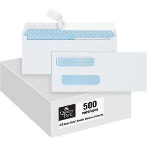 Quality Park #8 Double Window Envelopes, Self Seal Security Envelopes for QuickBooks Checks, 3 5/8" x 8 11/16", 24 lb White, 500 per Box (QUA50766)