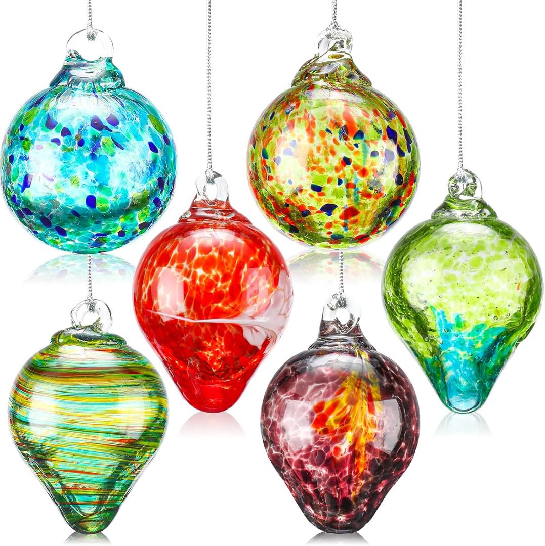 Tioncy 6 Pcs Hand Blown Glass Christmas Ornaments Gazing Glass Ball Ornaments Christmas Balls Xmas Tree Ball Witches Gazing Balls for Holiday Xmas Decorations(Diverse Shapes)