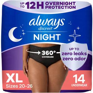 Always Discreet Adult Incontinence Overnight Underwear for Women, Extra Large, Up to 100% Bladder Leak Protection, 14 Count