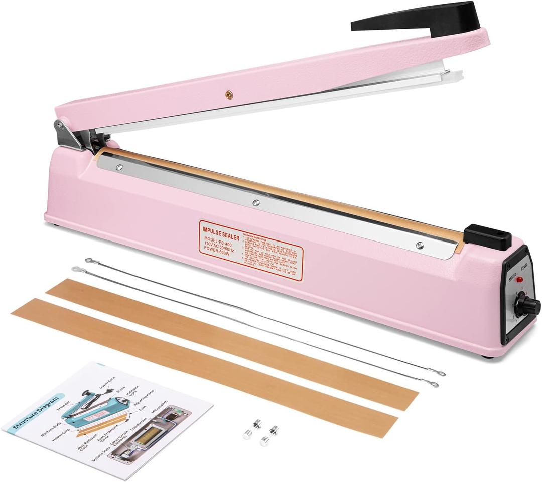 METRONIC Impulse Sealer 16 inch, Manual Heat Sealer Machine for Plastic Bags, Shrink Wrap Bag Sealers Heavy Duty Sealing Machine with Repair Kit (Pink)