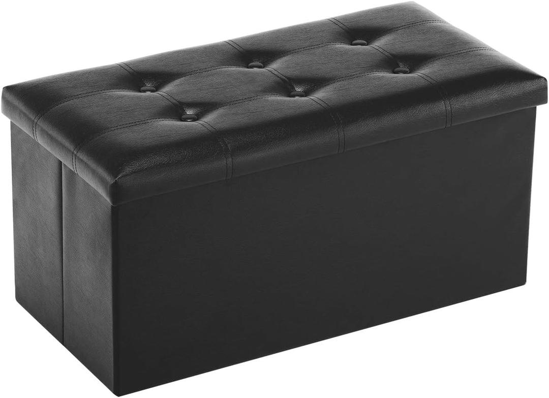 Youdesure Folding Storage Ottoman Bench, Faux Leather Footrest Couch for Living Room, 30 inch Storage Bench with Padded Seat for Bedroom Hallway, Holds up to 350lbs, Black, 15"D x 30"W x 15"H