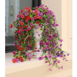 Artificial Hanging Flowers for Outdoors, 4 Pack Fake Hanging Plant for Spring Summer Decor, UV Resistant Faux Silk Flower for Planter Porch Patio Balcony Yard Decoration ( Light Purple & Rose Red)