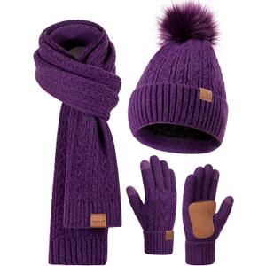 Winter Beanie Hat Scarf Gloves Set for Women, Pom Pom Beanie with Fleece Lined Long Knit Neck Warmer Fingers Touchscreen Gloves, Fashionable Cute Warm 3 in 1 Gift Set for Cold Weather (A-06) Purple