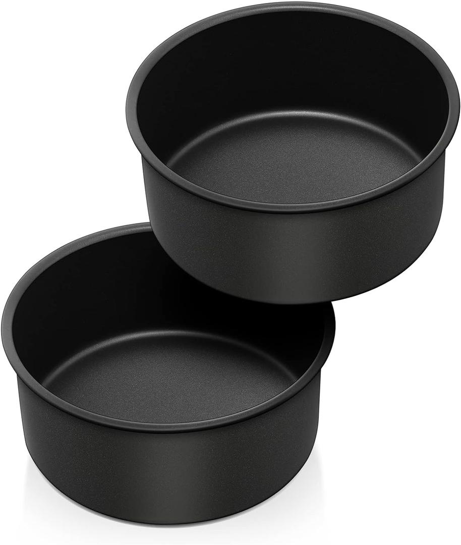 P&P CHEF 6 x 3 Inch Nonstick Cake Pan Set, 2-Piece Round Baking Cake Pans for Small Birthday Wedding Layer Cake, Deep Side & One-piece Design, Stainless Steel Core & Non Toxic, Black