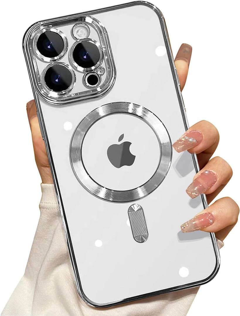 Case for iPhone 16 Pro Max MagSafe Case with Camera Lens Protector,Full Protection Clear Magnetic Case Compatible with MagSafe Elegant Anti-Scratch Case Cover for iPhone 16 Pro Max Silver
