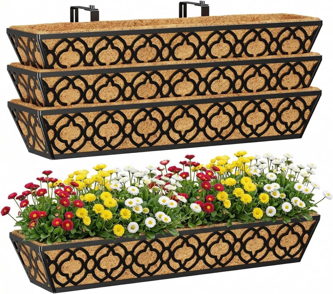 Y&M Deck Railing Planter Boxes 30 Inch 4 Pack, Adjustable Balcony Planter for Outdoor Plants, Metal Railing Planter Box for Deck, Fence and Porch, Window Boxes Outdoor, Sturdy Hanging Planter