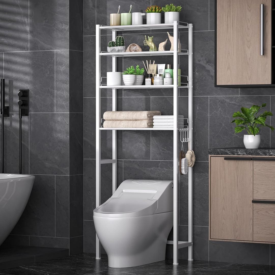 KMwisde 4 Tier Over The Toilet Storage, Bathroom Organizer Shelves with Adjustable Height, Above Toilet Storage Cabinet with Freestanding Rack, White, 24.6 x 9.8 x 64.8 inches