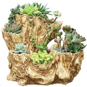 Driftwood Planter Faux Wood Resin Succulent Planter Vintage Artificial Stump Log Like Container Pot for Home&Garden NO Plants (6 Openings)