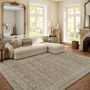 Washable Area Rugs for Living Room: 6x9 Bedroom Area Rug Boho Vintage Rugs Stain Resistant Non Slip Low Pile Soft Lightweight Carpet for Kitchen Dining Room Farmhouse Nursery Kids Room (Brown Grey Cream)