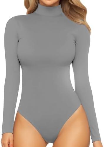 MANGOPOP Women's Mock Turtle Neck Long Sleeve Tops Bodysuit Jumpsuit, M