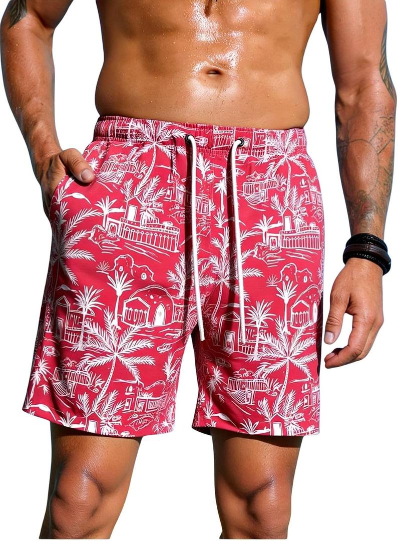 Verdusa Men's Leopard Swim Trunks Drawstring Waist Swimwear Summer Beach Shorts with Pockets (XL)