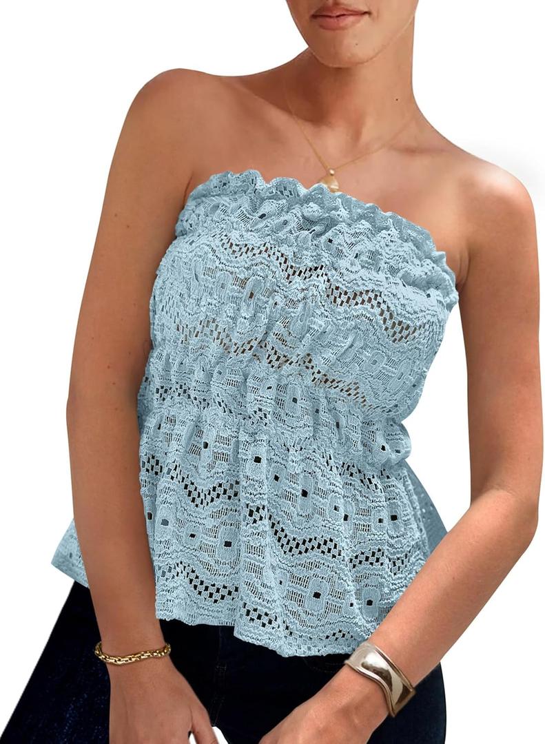 PRETTYGARDEN Women's Boho Tube Tops 2025 Summer Strapless Off Shoulder Eyelet Smocked Peplum Trendy Going Out Bandeau Top (Blue)