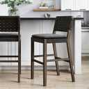 Nathan James Cohen Mid-Century Modern 29 in. Wood Bar Stool, Upholstered Faux Leather Bar Height Stool with Solid Wood Frame, Black