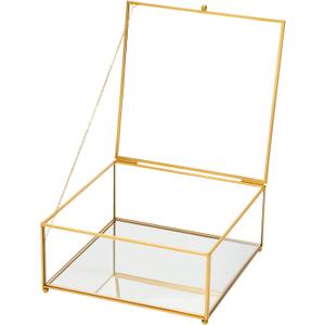 Square Glass Display Box with Lid Handmade, Mirrored Bottom, Geometric Jewelry Box for Display, Brass & HD-Glass for Jewelry Trinket Book Photo, Keepsake Organizer, Home Decor, Gold (High: 8.9"L  8.9"W  3.7"H)