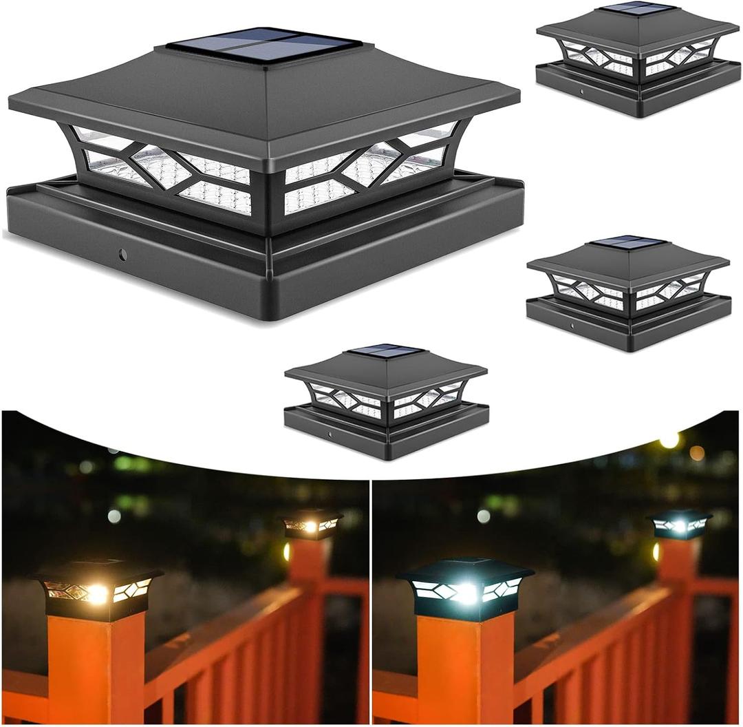 VOLISUN Solar Post Cap Lights: 4 - Pack Outdoor Deck Post Cap Lights Black for Dock Fence Waterproof 2 Color Modes,4x4/6x6 Wooden/Vinyl Posts