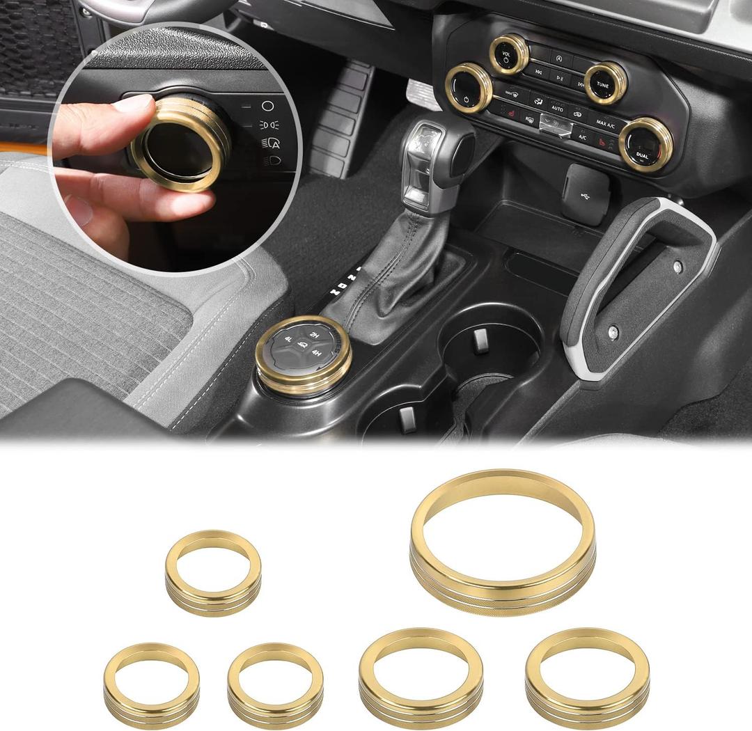 JWWY Air Conditioner Headlight Switch Knob 4WD Wheel Drive Trailer Gear Switch Knob Cover for 2021-2026+ Ford Bronco Accessories Aluminum Alloy 6PCS GoldDon't fit Bronco Sport