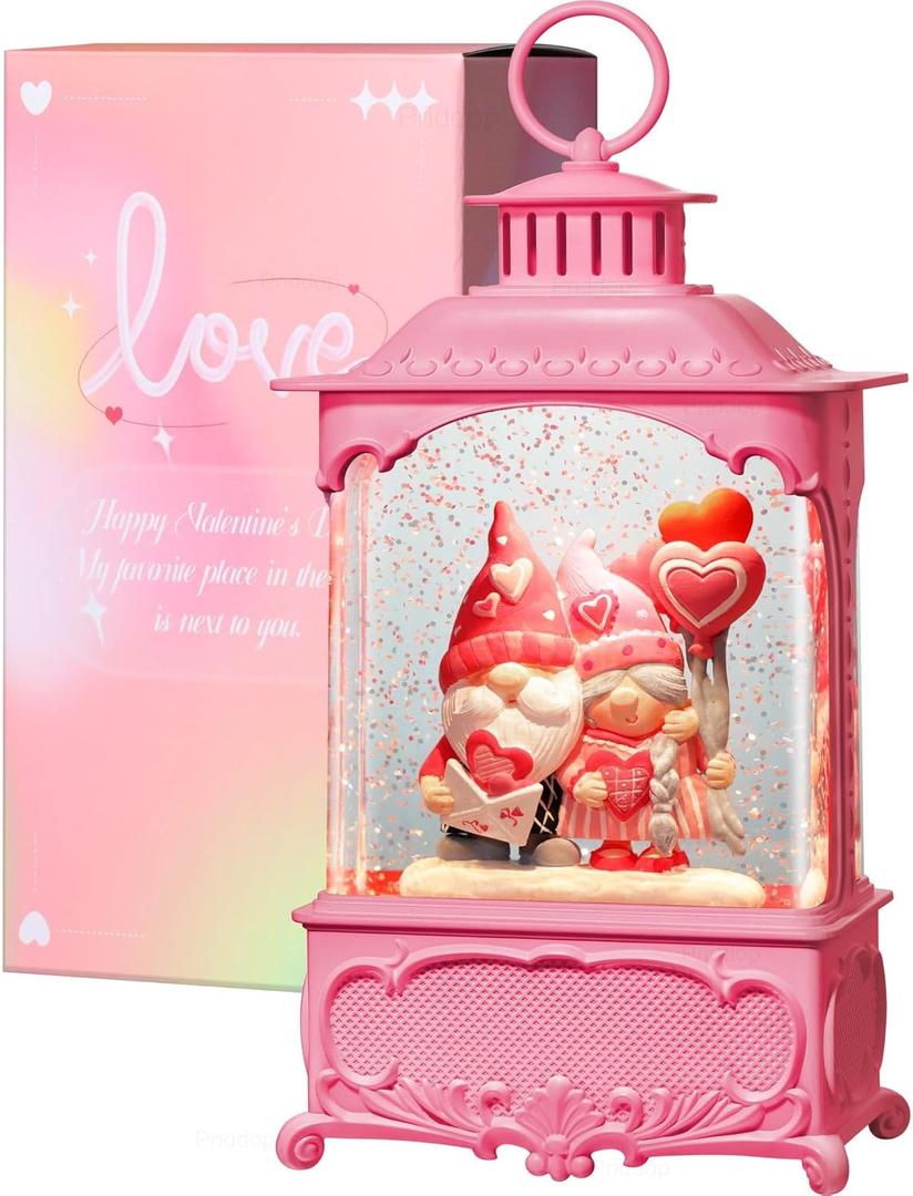 Valentines Snow Globe Lantern with Timer and Music, USB and Battery Tabletop Love Letter Balloon Gnome 10.2 inch
