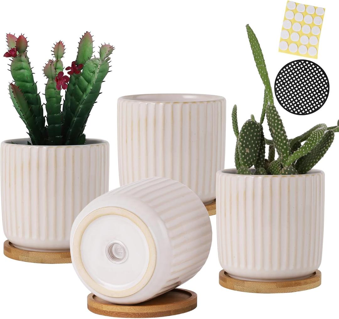 4 Inch Ceramic Plant Pot with Saucer, Creative Stripe Small Planters Pots with Drainage Hole and Mesh Pads for Succulent, Cactus, Herbs, White - Set of 4