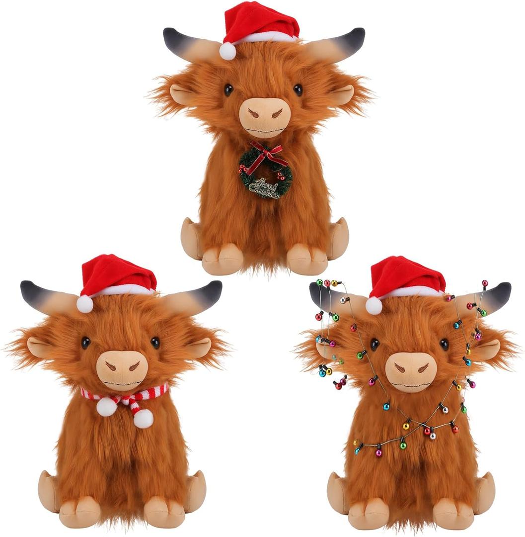 3 Pcs Christmas Highland Cows Stuffed Animal 11inch Scottish Highland Cows Plush Christmas Cute Cattle Plush with Santa Hat and Scarf for Stocking Xmas Birthday Present Holiday Decor