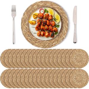 Kochorie Set of 36 Round Woven Placemats 13.8 Inch Bulrush Placemats Natural Handwoven Boho Rattan Wicker Table Mats for Farmhouse & Home Dining