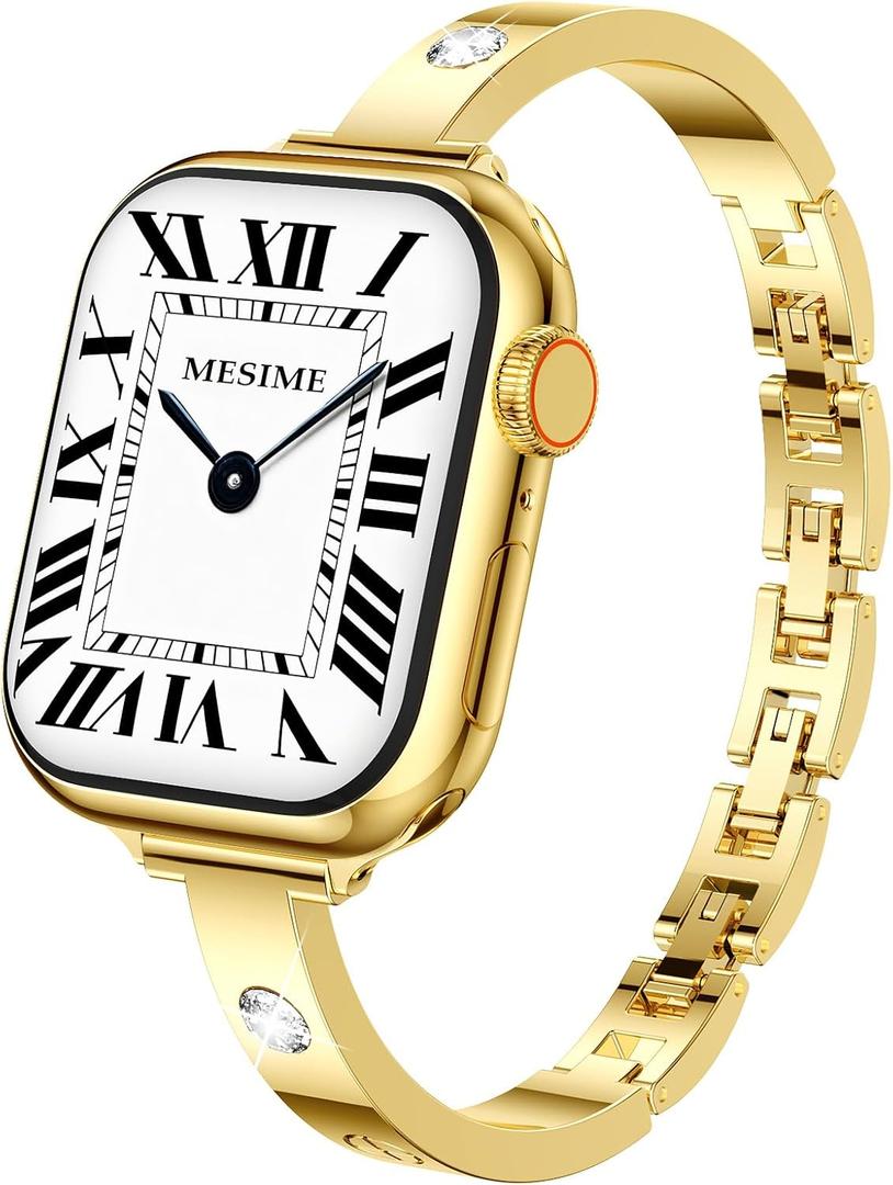 Mesime Slim Band Compatible with Apple Watch Bands 49mm 46mm 45mm 44mm 42mm 41mm 40mm 38mm for Women, Dressy Metal Bracelet Designer Fancy Strap for iWatch Ultra 3/2/1 Series 11/10/9/8/7/6/5/4/SE/3/2/1 (Gold)