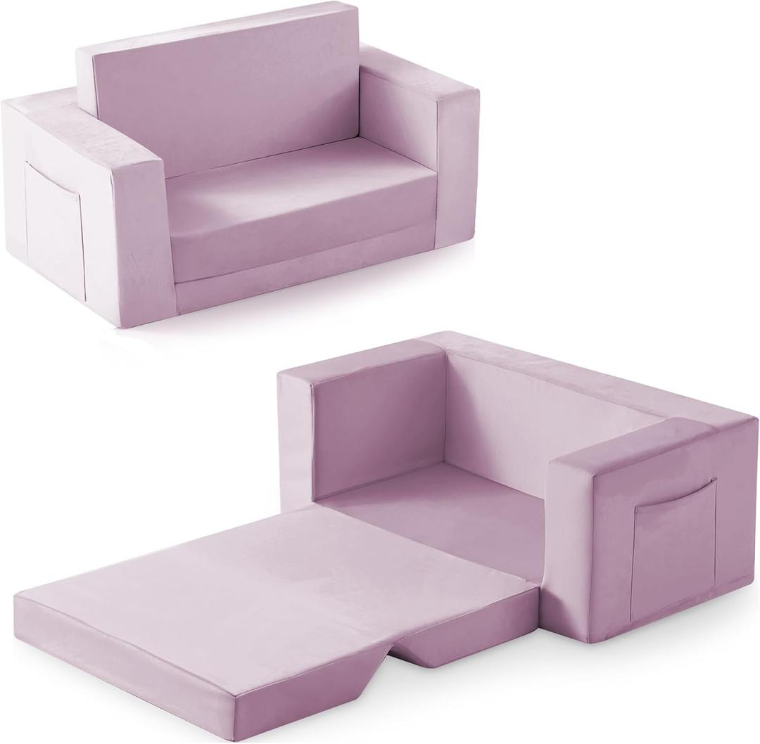 Kids Couch, 2-in-1 Toddler Chair Comfy 1-3 Years, Convertible Kids Chair, Toddler Couch that Fold Out, Kid Lounge Chairs for Boys and Girls Gifts, Kids Recline, Double, Purple