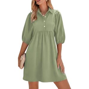 FENSACE Womens Casual Shirt Dress Puff Sleeve Button Down Shift Collared Neck Dresses with Pockets (M)