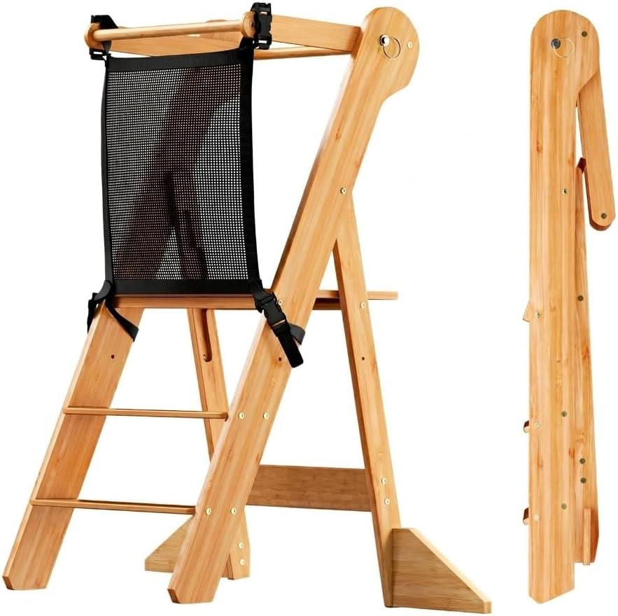 COSYLAND Foldable Toddler Standing Tower - Adjustable Height Folding Step Stool Kids Toddler Kitchen Stool for Learning and Cooking - Ages 18 Months to 6 Years with Safety Net Natural