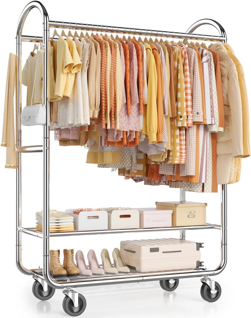 EAGMAK Heavy Duty Clothing Racks for Hanging Clothes 720 Lbs, Rolling Clothes Rack Double Rod Garment Rack with Lockable Wheels, Metal Closet Organizer for Bedroom, Laundry, Retail, Silver