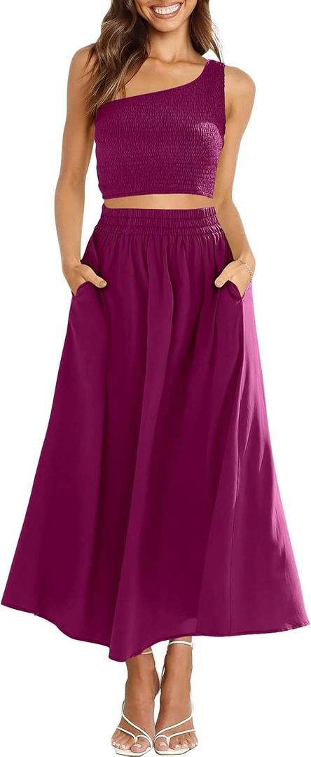 ANRABESS Women's 2 Pieces Outfits One Shoulder Smocked Crop Top & High Waist Long Skirt Dress Set with Pockets