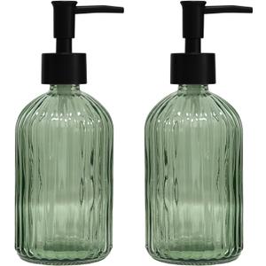 Green Glass Soap Dispenser Set with Black Pump, 13.5oz Refillable Liquid Hand Soap Dispenser, Lotion Dish Soap Dispenser for Modern Home Decor, Bathroom, Kitchen Countertop, Hotel (2 Pack)